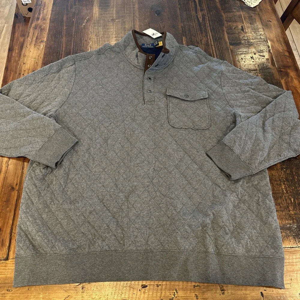 NEW Polo Ralph Lauren Men Quilted Knit Jersey Pullover 4XLT Snap Button Gray NWT